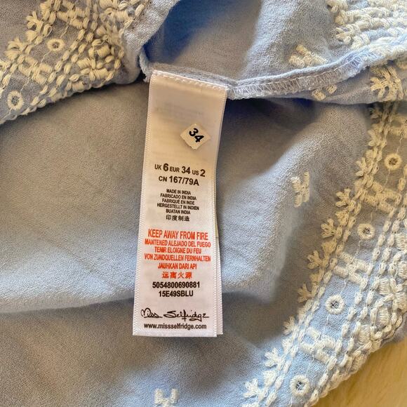 Miss Selfridge Blue Boho Embroidered Off-The-Shoulder Top 2 Bell Sleeves NWT - Picture 5 of 9